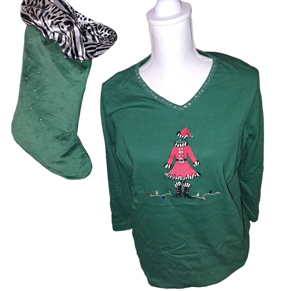 NWT- Ready for Gifting! Sz M Quaker Factory Mrs Claus Green & matching Stocking